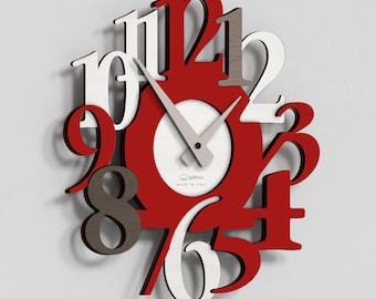 Giallobus - Horloge sculptée ROUGE RUBIS - Bois MDF - Fabriquée artisanalement en Italie - Silencieuse - Idée cadeau - Moderne à deux niveaux