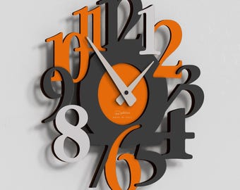 Giallobus – Geschnitzte orange Uhr – MDF-Holz – Handwerker Made in Italy – Leise – Geschenkidee – Moderne Doppelebene