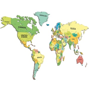 Op de afbeelding: Een kleurrijke wereldkaart met landnamen. De continenten zijn in groen, geel, oranje en rood. De kaart bevat landen als Canada, Brazilië, Rusland en China.