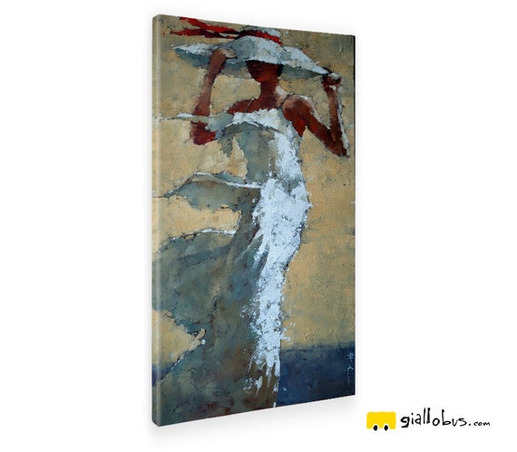 Peintures Femme Moderne Avec Bus De Chapeau Jaune Blanc Etsy
