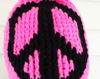 Crocheted  Peace Sign Beanie Hat - Pink & Purple Ravelry: Peace Sign Graph Hat Pattern pattern by Lisa Jelle main image 4