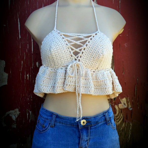 Lace up ruffled halter top crochet pattern