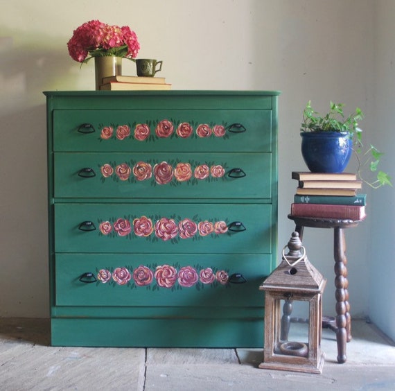 Vintage Lebus Floral Hand Painted Green Drawers Storage Etsy