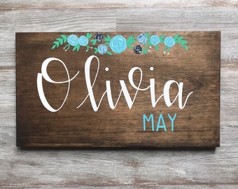 Nursery Wooden Sign With Floral Accents | Baby Name Sign