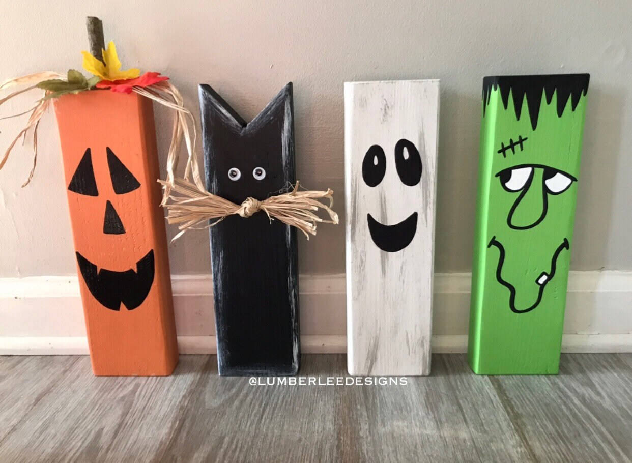 Wooden Halloween Decor | Set of 4 | Pumpkin, Black Cat, Ghost, Franke…