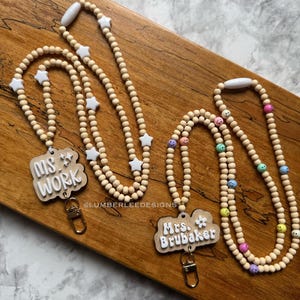 Personalized Name Lanyard, Teacher Lanyard, Badge Holder, Wooden Beads, Teacher Gift
