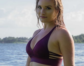 Women's Burgundy Sports Bra with detailed back