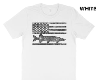 Muskie Fishing Shirt: Distressed Flag Graphic, Soft Cotton Tee