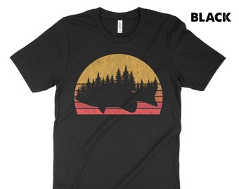 Bass Fishing-T-shirt, retro Sunset Treeline-katoen (meerdere maten)
