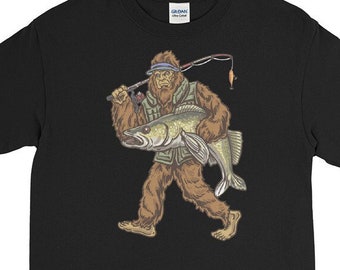 Maglietta da pesca per lucioperca con grafica Bigfoot (maniche lunghe, cotone)