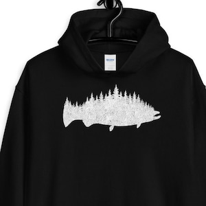 Salmon Fishing Forest Treeline Distressed Unisex Fisherman Hoodie