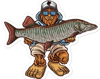 Tiger Muskie Sticker , Bigfoot Fishing Sticker , Fishing Sticker , Fishermen Sticker , Fishing Decal , Bigfoot Decal , Bigfoot Sticker