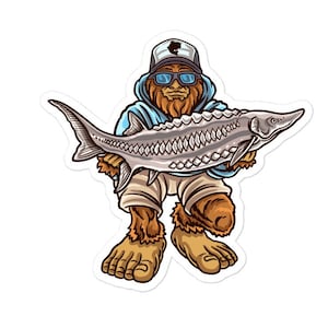 Pegatina de pesca de esturión, Pegatina de pesca de Bigfoot, Pegatina de pesca, Pegatina de pescadores, Calcomanía de pesca, Calcomanía de Bigfoot, Pegatina de Bigfoot