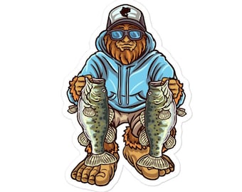 May include: A cartoon illustration of a brown bear wearing a blue hoodie, sunglasses, and a black baseball cap. The bear is holding two largemouth bass fish in its hands.