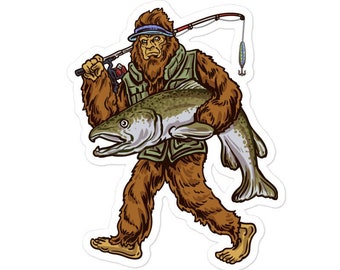 Salmon Fishing Sticker , Bigfoot Fishing Sticker , Fishing Sticker , Fishermen Sticker , Fishing Decal , Bigfoot Decal , Bigfoot Sticker