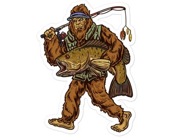 May include: A cartoon illustration of a Bigfoot holding a large fish. He is wearing a fishing vest and a hat. He is holding a fishing rod in his other hand.