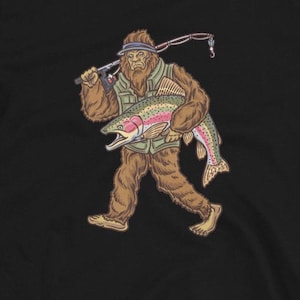 Rainbow Trout Bigfoot Fishing T-Shirt - Outdoor Adventure Apparel, Cryptid and Fishing Enthusiast Gift, Nature Inspired Tee