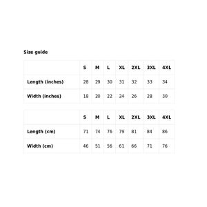 May include: A white size guide chart with measurements for length and width in inches. Sizes range from S to 4XL. Length measurements range from 28 to 34 inches, and width measurements range from 18 to 30 inches.