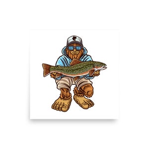 Bigfoot Brook Trout Fishing Poster - Mythical Sasquatch Art - Nature Wall Decor - Fishing Enthusiast Gift