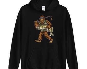 Sudadera con capucha para pesca: diseño de lucioperca y Bigfoot - Mezcla de algodón suave