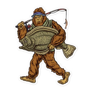 Bigfoot Flounder Angeln Sticker - Aufkleber für begeisterte Angler und Outdoor Liebhaber | Wasserdichter Vinyl Aufkleber für Tackle Boxen, Laptops und mehr
