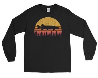 Maglietta da pesca retrò con stampa luccio, maniche lunghe in cotone (unisex S-XL)