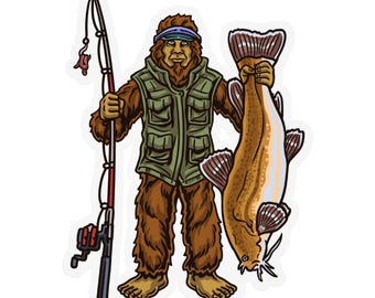 May include: A sticker featuring a cartoon Bigfoot character holding a fishing rod and a large fish. The Bigfoot is wearing a green vest and visor. The fish is brown with white and blue accents. The fishing rod is red and black.