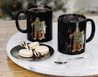 Bigfoot-koffiemok: grappige Sasquatch Fishing - keramische kampvuurbeker