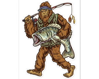 May include: A cartoon illustration of a Bigfoot holding a large fish. The Bigfoot is wearing a green vest and a blue and white hat. The Bigfoot is holding a fishing rod in its other hand.