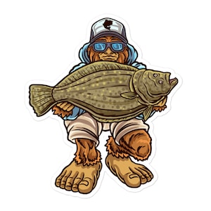 Bigfoot Flounder Angeln Sticker - Aufkleber für begeisterte Angler und Outdoor Liebhaber | Wasserdichter Vinyl Aufkleber für Tackle Boxen, Laptops und mehr