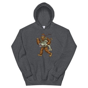 May include: A dark grey hooded sweatshirt with a graphic print of a Bigfoot holding a fish and a fishing rod.