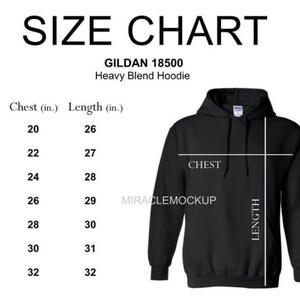 May include: Size chart for a Gildan 18500 heavy blend hoodie. The chart shows chest and length measurements in inches for sizes S through 4XL.