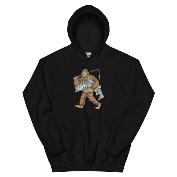 Striper Bass Hoodie: Sasquatch Fishing Graphic (Unisex S-XXL)