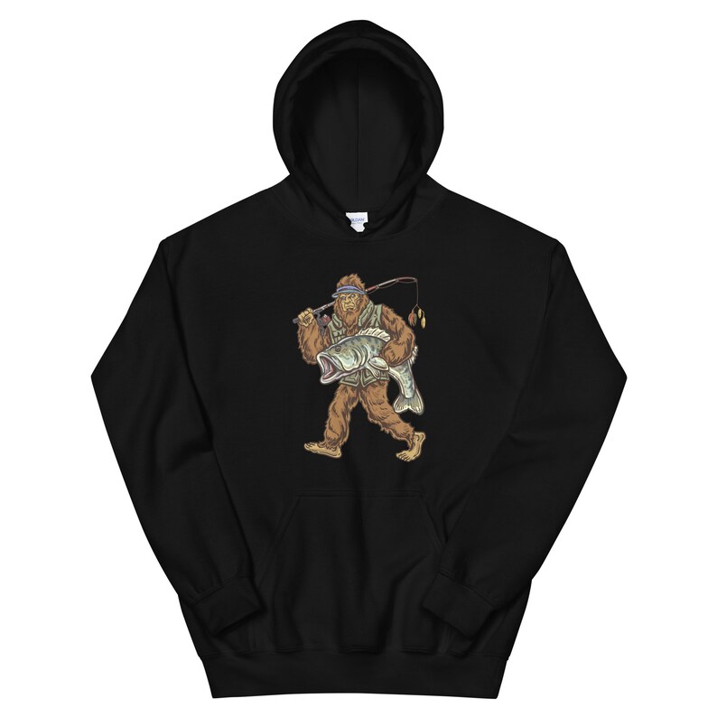 May include: Black hooded sweatshirt with a graphic of a Bigfoot holding a fish and a fishing rod. The Bigfoot is wearing a blue bandana and a green vest.