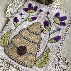 Honeybee ~ Kit and Pattern ~ Wool Applique ~ bee skep with flowers