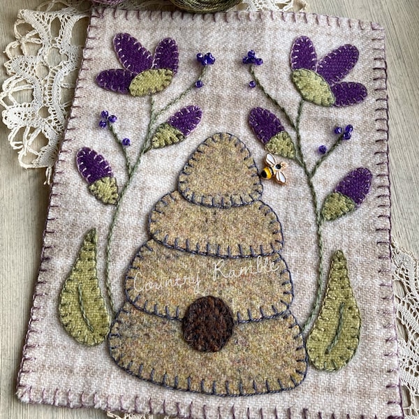 Honeybee ~ Pattern ~ Wool Applique ~ bee skep