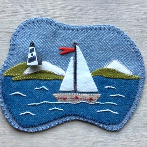 Sail Away - wool applique digital pattern of a lighthouse and sailboat