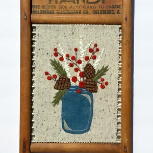 Winter Dreams PDF pattern - wool applique, pine cones, berries and birch branches in a mason jar
