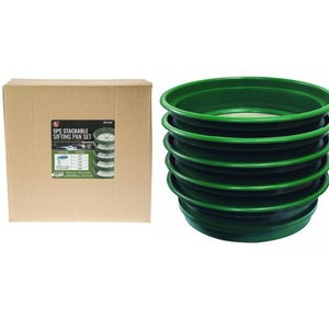 May include: A set of five green stackable sifting pans. The pans are made of plastic and have a mesh screen. The set comes in a cardboard box with the text "5PC STACKABLE SIFTING PAN SET".