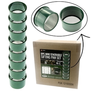May include: A set of eight green mini stackable sifting pans with different mesh sizes. The pans are labeled with the number of holes per square inch. The set is packaged in a brown cardboard box with the text "8PC MINI STACKABLE SIFTING PAN SET" and "PROSPECTOR'S CHOICE". The box also includes a table showing the mesh size and the number of holes per square inch. The text "PO#: 121005004" is printed on the bottom of the box.