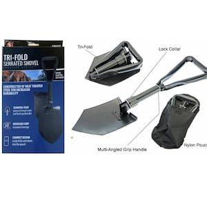 May include: A black tri-fold serrated shovel with a multi-angled grip handle. The shovel folds into a compact size and comes with a nylon pouch. The packaging shows the shovel's features, including its serrated edge, oversized grip, and compact design.