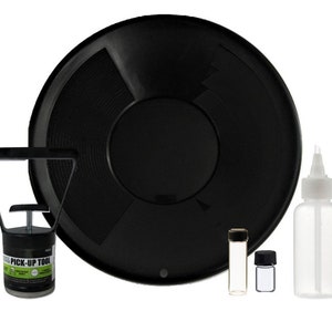 Gold Panning Necessities Kit | 12&quot; Gold Pan, Sand Magnet, Snuffer Bottles & Vials |  Gold Pan Package | Gold Mining Tools