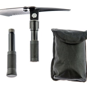 May include: A black folding shovel with a serrated edge, a black handle, and a black carrying case.