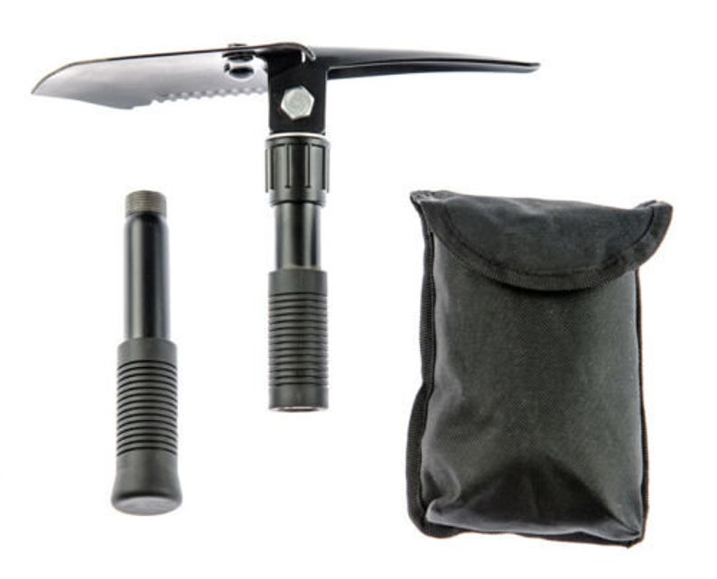 May include: A black folding shovel with a serrated edge, a black handle, and a black carrying case.