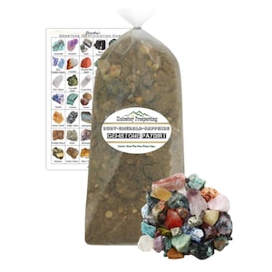 May include: A brown paper bag filled with dirt and labeled "Sluiceboy Prospecting Ruby-Emerald-Sapphire Gemstone Paydirt". The bag is next to a pile of colorful gemstones, including red, green, blue, and purple.