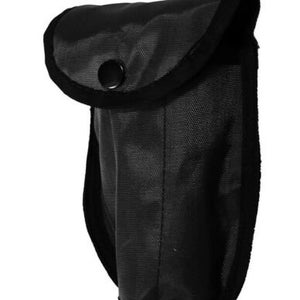May include: Black nylon pouch with a flap closure and a single button. The pouch is designed to hold small items.