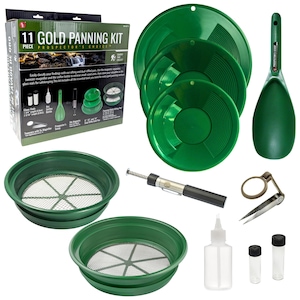 May include: An 11-piece gold panning kit with green plastic pans, a scoop, tweezers, a magnifying glass, a bottle, a vial, a sifter, a small magnifying glass, and two sample vials.  The kit is labeled "11 Piece Gold Panning Kit, Prospector's Choice".