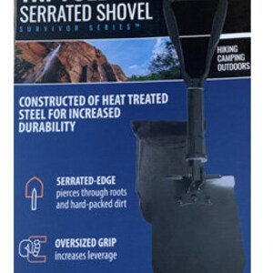 May include: A black tri-fold serrated shovel with an oversized grip. The shovel is constructed of heat-treated steel for increased durability. The packaging features the text "Tri-Fold Serrated Shovel Survivor Series" and "Constructed of Heat Treated Steel for Increased Durability".