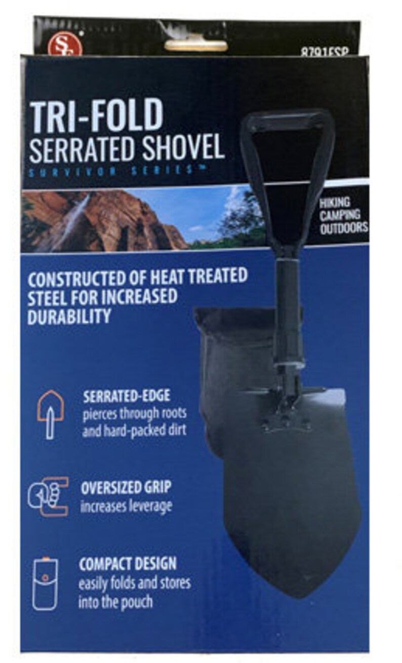 May include: A black tri-fold serrated shovel with an oversized grip. The shovel is constructed of heat-treated steel for increased durability. The packaging features the text "Tri-Fold Serrated Shovel Survivor Series" and "Constructed of Heat Treated Steel for Increased Durability".