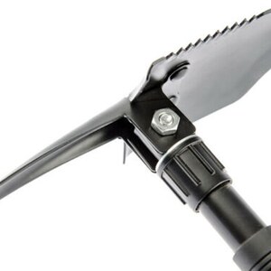 May include: A black folding shovel with a serrated edge and a telescoping handle. The shovel is made of metal and has a black finish.